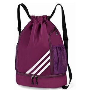 Purple Drawstring Backpack Gym Bag with Shoe Compartment and Mesh Pockets nwt
